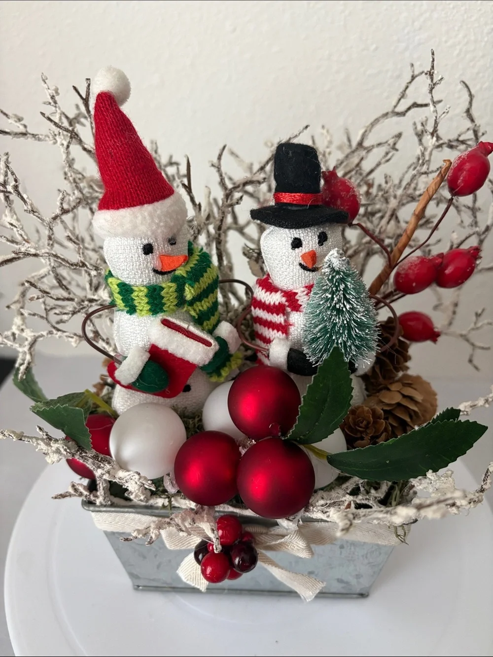 Festive Red & White Snowman Holiday Centerpiece
